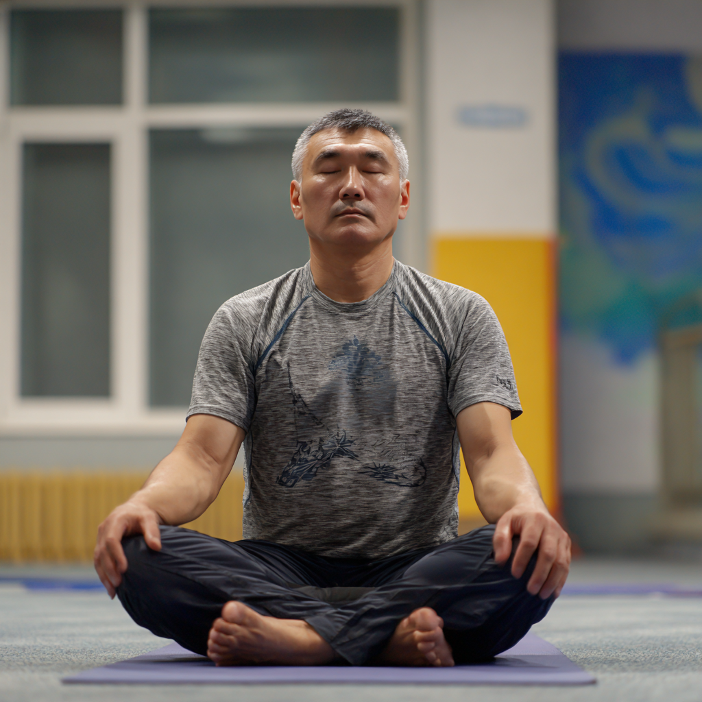 Группа улыбающихся казахстанских женщин различного возраста выполняют позы йоги в просторной светлой студии с деревянными полами