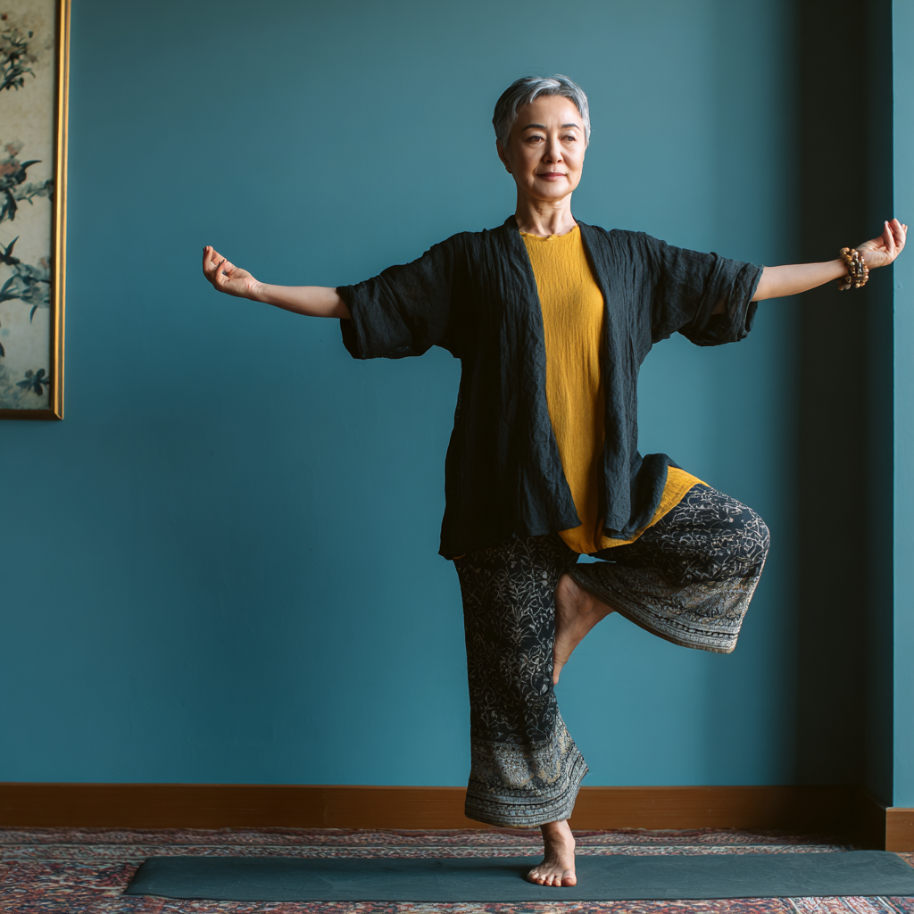 Казахстанский мужчина средних лет с закрытыми глазами практикует дыхательные упражнения в позе лотоса на коврике для йоги