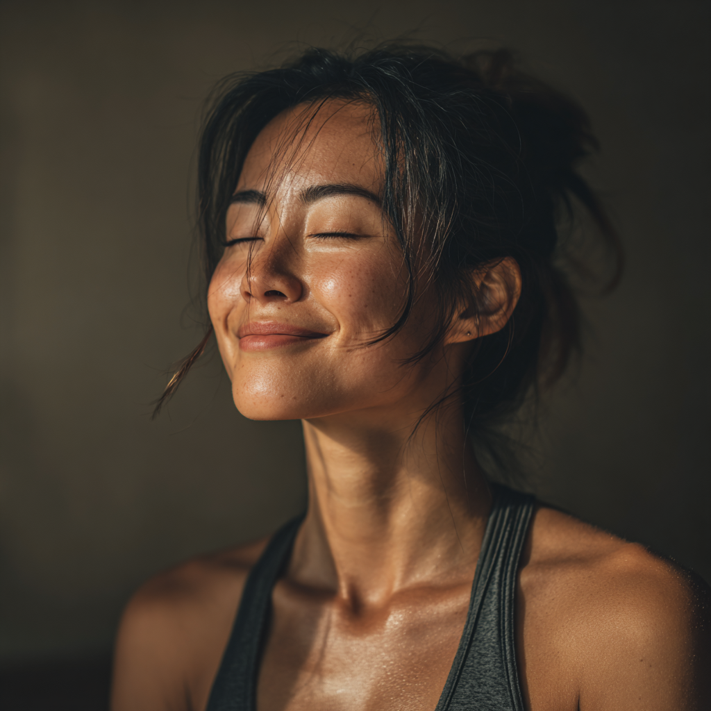 Пожилая казахстанская женщина с умиротворенным выражением лица выполняет расслабляющую позу йоги на коврике в спокойной обстановке